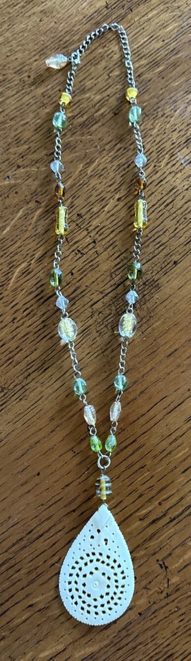 Vintage Boho Carved Teardrop Pendant Necklace Green Glass Bead Chain
